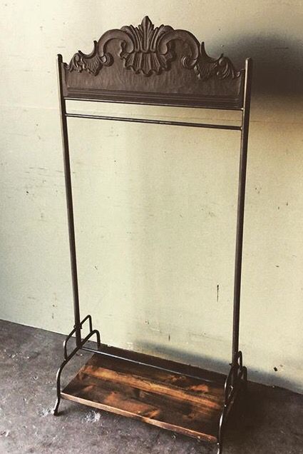 Industrial clothing rack. Tables, Lamps, Carts, etc... industrial, antique, repurposed, iron, barnwood, steel, etc. Antique Clothing Rack, Vintage Clothes Rack, Vintage Clothing Rack, Clothing Rack Aesthetic, Booth Walls, Sicily House, Rick Owns, Vintage Dressing Rooms, Antique Coat Rack