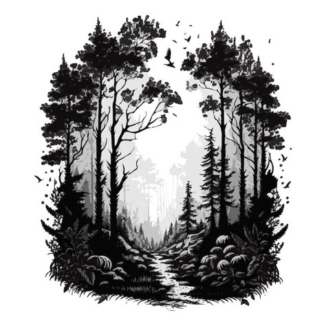 Dark Forrest Tattoo Ideas, Forest Background Tattoo, Spooky Woods Art, Forest Design Tattoo, Nature Silhouette Art, Dark Nature Tattoo Ideas, Forest Path Tattoo, Haunted Forest Tattoo, Spooky Forest Drawing