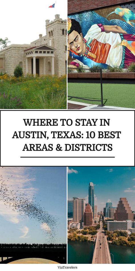 Austin, Texas highlights: historic building, Frida Kahlo mural, bat flight, and city skyline. "Where to Stay in Austin, Texas: 10 Best Areas & Districts." Where To Stay In Austin Texas, Austin Travel, Austin Texas, World Travel, Moose, Austin, Texas, Wonder, Good Things