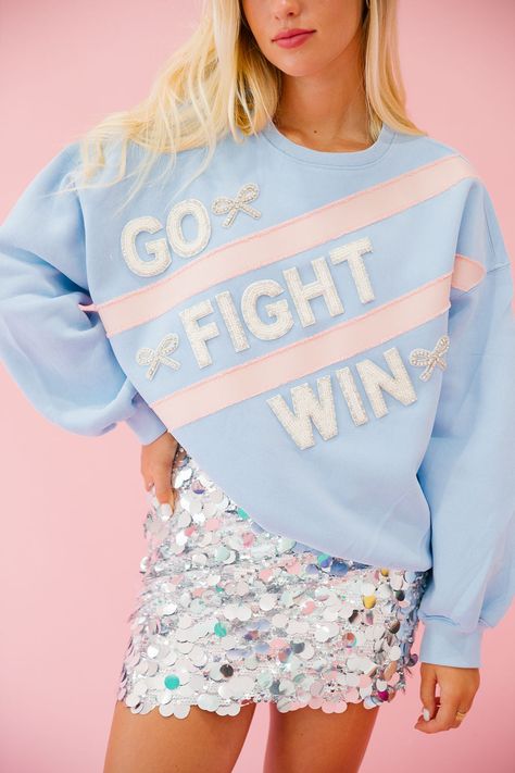 GO FIGHT WIN BLUE PULLOVER PULLOVER Judith March Cheerleader Inspired Outfit, Blue And Gold Outfits School Spirit, Coach Attire, Cheer Coach Outfit, Hoodie Wishlist, Cheer Merch, Diy Shirt Printing, Cheer Practice Wear, Cheerleading Coach