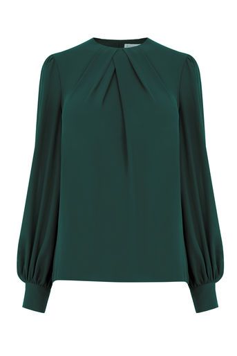 Warehouse, PLEAT NECK LONG SLEEVE TOP Dark Green 0 Dark Green Tops For Women, Top For Office Wear, Ladies Top Designs Style, Trendy Fashion Tops Long, Office Tops For Women, Shomiz Blouses, Dark Green Blouse, Dark Green Top, Chiffon Tops Blouses