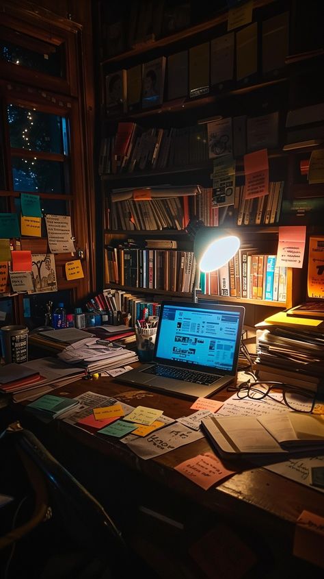 Cozy Study Corner: A warmly lit desk cluttered with books and papers, nestled in a cozy, book-filled study. #study #books #desk #lamp #cozy #aiart #aiphoto #stockcake ⬇️ Download and 📝 Prompt 👉 https://ayr.app/l/4eVm Cozy Study Aesthetic, Cozy Study, Writing Corner, Study Books, Corner Ideas, Cozy Desk, Study Corner, Bedroom Desk, Desk Ideas