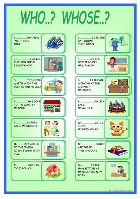 WHO OR WHOSE? - English ESL Worksheets for distance learning and physical classrooms Whose Worksheet, English Printables, Esl Learning, Possessive Nouns, English Club, Vocabulary English, Grammar For Kids, Wh Questions, Conversational English