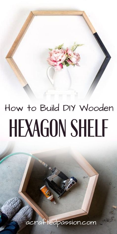 DIY Hexagon Shelf Easy. This simple DIY is perfect to hang in your bedroom, living room, or bathroom! Simple Shelf Diy, Wood Shelf Ideas, Diy Wood Shelf, Zig Zag Shelf, Hexagon Shelf, Wood Hexagon, Diy Wood Shelves, Geometric Shelves, Shelf Diy