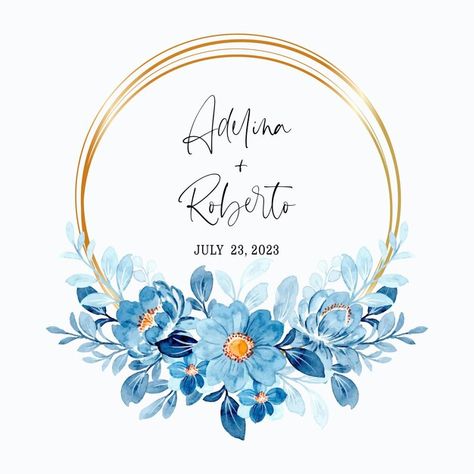 Blue Floral Wreath, Gift Calligraphy, Gold Circle Frames, Wreath Illustration, Blue Watercolor Floral, Flower Drawing Tutorials, Floral Azul, Floral Wreath Watercolor, Watercolor Green