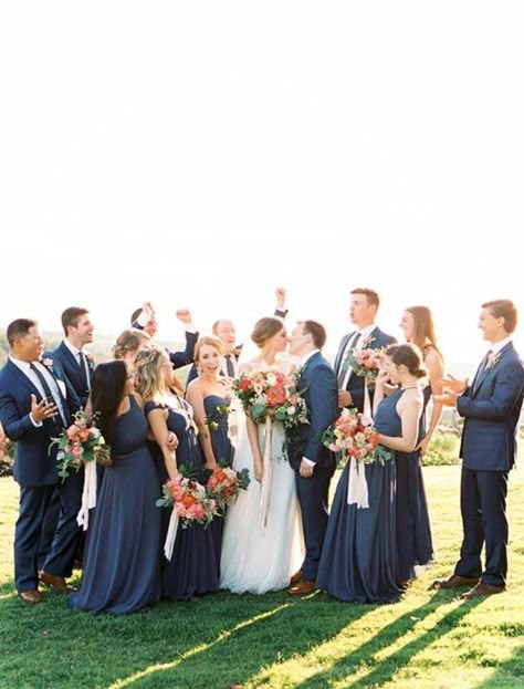 Bridal Party Navy Dresses, Navy Blue Suits And Bridesmaid Dresses, Navy Wedding Bright Flowers, All Navy Bridal Party, Navy Wedding Party Attire, Bridal Party Navy Suits, All Navy Wedding Party, Bridesmaid Dresses With Navy Suits, Navy Bridesmaids And Groomsmen