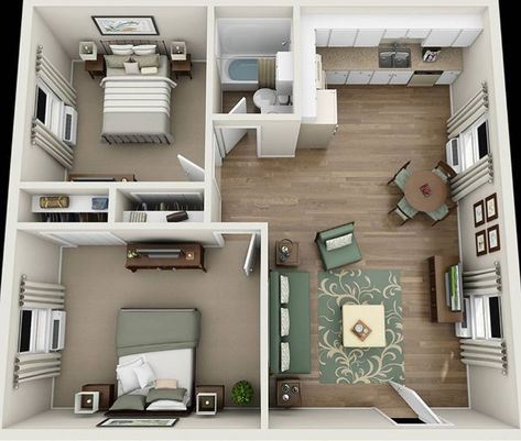 2 bedroom apartment 2 Bedroom Apartment Floor Plan, Living Room Cinema, Small Apartment Floor Plans, Small Apartment Layout, Room Cinema, Hospital Office, Desain Pantry, 3d Floor Plan, Tiny House Layout