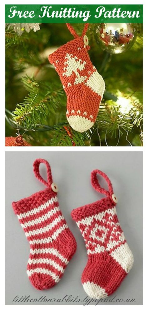 Mini Christmas Stocking Free Knitting Pattern Knitted Christmas Stocking Patterns Free, Christmas Stocking Pattern Free, Knitted Christmas Stocking Patterns, Stocking Pattern Free, Christmas Knitting Projects, Knit Christmas Ornaments, Knitted Christmas Decorations, Christmas Knitting Patterns Free, Mini Christmas Stockings