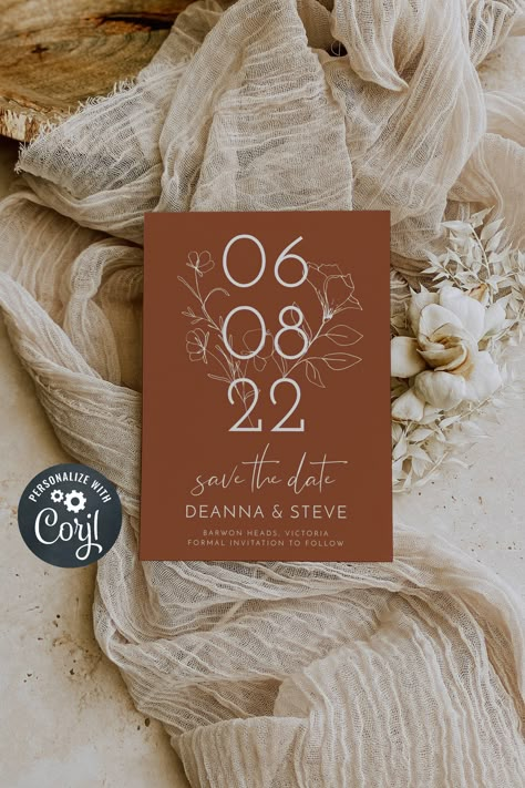 Rustic Boho Save The Date, Boho Save The Date Invitations, Rust Save The Date, Save The Date Ideas Fall Wedding, Save The Date Ideas Boho, Rust Wedding Invites, Save The Date Without Photo, Terracotta Save The Date, Save Our Date Ideas