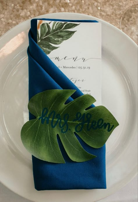 Tropical Blue Wedding Theme, Tropical Place Cards, Tropical Place Setting, Hawaiian Wedding Color Palette, Tropical Wedding Place Setting, Tropical Wedding Seating Chart, Blue Tropical Wedding, Destination Wedding Seating Chart, Tropical Wedding Color Palette