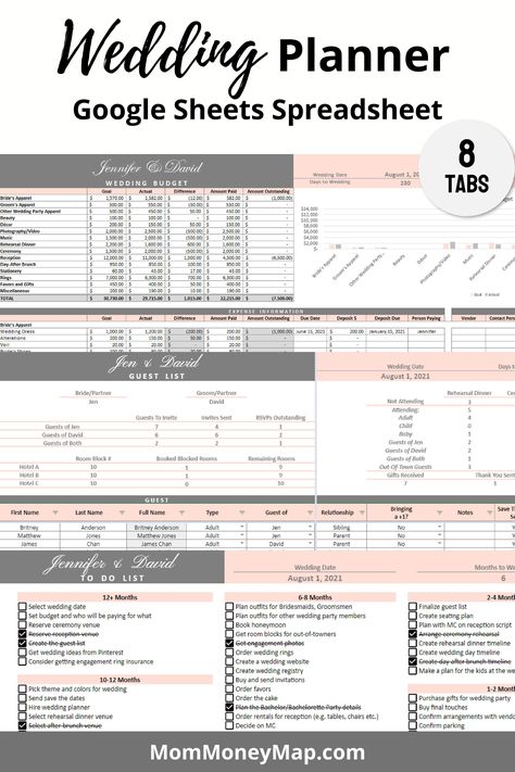 Wedding Planner Google Sheets Spreadsheet - Pink budgetplanning #organisationideasplanners #digitalplannersticker #dayplanner☘ Wedding Planner Spreadsheet, Wedding Budget Template, Wedding Planning Templates, Planning List, Budget Expenses, The Wedding Planner, Bridal Shower Planning, Wedding Guest List, Wedding Budget