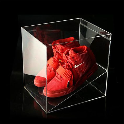 Our Glass Shoe Box Available in multiple sizes to fit both men’s and women’s shoes as well as taller shoes like high tops, pumps, low cut boots，and more. Any Size Customized. Shoe Display Case, Sneaker Displays, Shoe Box Storage, Sneaker Storage, Acrylic Display Box, Sneakers Box, Glass Shoes, Clear Shoes, Acrylic Display Stands