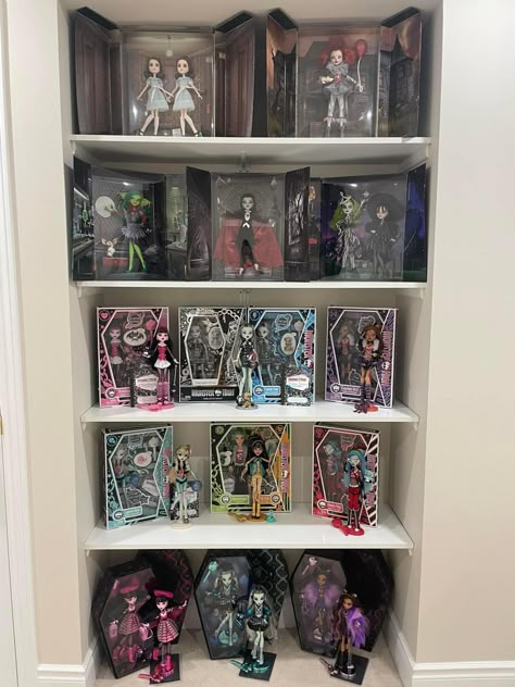 Cute Collection Ideas, Doll Display Ideas, Doll Collection Display, Doll Collection, Monster High Collection Aesthetic, Monster High Doll Display Ideas, Monster High Display, Monster High Shelf, Monster High Collection Display