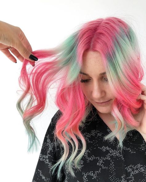 Pink And Mint Hair, Mint And Pink Hair, Mint Hair Color, Hair Color Placement, Blue And Pink Hair, Pulp Riot Hair Color, Galaxy Hair, Mint Hair, Pulp Riot Hair