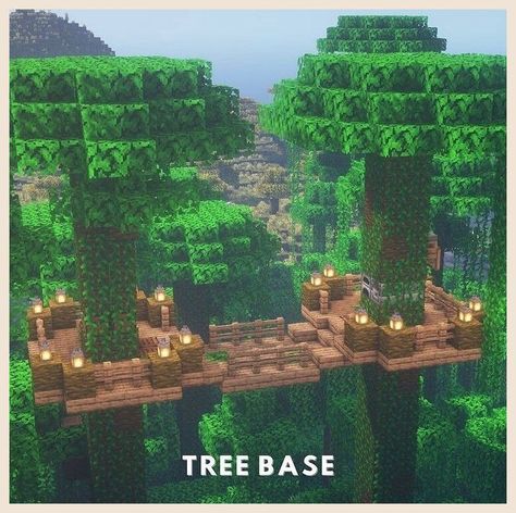 Treehouse Base Minecraft, Minecraft Tree Bridge, Treehouse Minecraft Ideas Jungle, Minecraft Treehouses Jungle, Minecraft Treehouse Village, Minecraft Jungle Village Ideas, Minecraft Jungle Bridge, Minecraft Tree Base, Jungle Biome Minecraft