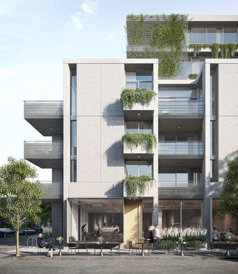 Carr incorporates biophilic design principles into mixed use building in Melbourne - Australian Design Review Apartments Exterior, Apartment Exterior, Facade Architecture Design, Residential Building Design, Brutalist Design, Mix Use Building, Apartment Architecture, Building Facade, Facade Architecture