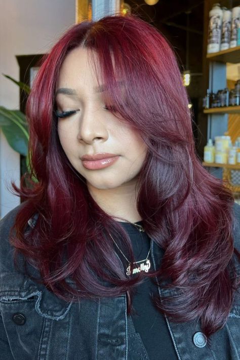 Beaujolais Red Hair Dark Red Haircut, Medium Dark Red Hair, Red Haircut, Wine Red Hair Color, Wine Red Hair, Dark Red Hair, Fall Trend, Red Hair Color, Color Inspo