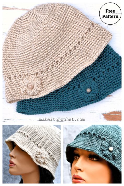 Flower Cloche Womens Hat Free Crochet Pattern Vintage Crochet Hat Pattern, Free Crochet Cloche Hat Patterns For Women, Free Crochet Hat Patterns For Women Easy, Crochet Cloche Hat Free Pattern, Spring Crochet Cloche Hat With Short Brim, Crochet Cloche Hat With Curved Brim, Spring Crochet Cloche Hat, Adjustable Crochet Yarn Cloche Hat, Raffia Sun Hat