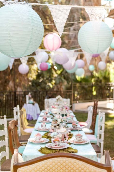 Dining Table from a Shabby Chic Alice In Wonderland Birthday Party via Kara's Party Ideas KarasPartyIdeas.com (50) Shabby Chic Birthday, Shabby Chic Party, Ladies Tea, Alice In Wonderland Birthday, Garden Party Decorations, Alice In Wonderland Tea Party, Tea Party Garden, Alice In Wonderland Party, Tea Party Birthday