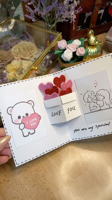 Lou Creations | DIY and Gifts on Instagram: "DIY cute gift card ❤️💗 Follow for more DIY ideas Save the video so you can easily find it All available items can be found in the highlights DM to order 📩 #diy #diycard #diyideas #diygifts #gift #handmade #paper #card #giftcards #doityourself" Pop Up Valentines Card, Gift Card Pop Up, Pop Out Cards Diy, Handmade Paper Gifts, Diy Pop Up Cards, Pop Out Cards, Diy Postcard, Valentine Cards Handmade, Diy Gift Card