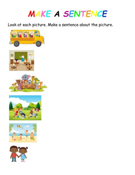 Making Sentences With Pictures Worksheets Simple Sentences Activities, Sentence Making, Sentences Worksheet, Volume Math, Making Sentences, Character Motivation, Sentence Activities, Alphabet Worksheets Kindergarten, Cursive Writing Worksheets