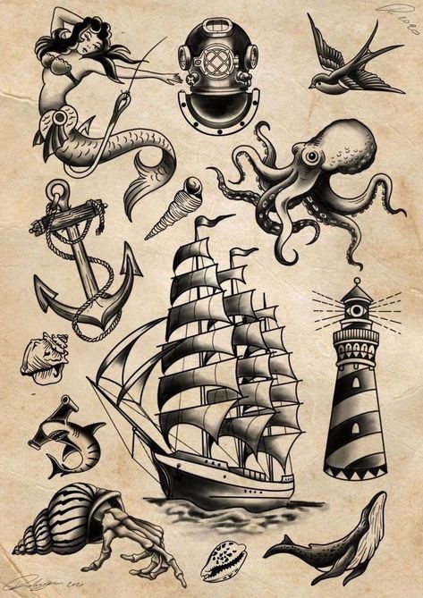 Nautical Tattoo Flash, Traditional Nautical Tattoo, Nautical Tattoo Sleeve, Tato Maori, Sailor Jerry Tattoo Flash, Traditional Tattoo Drawings, Tato Suku, Tato Tradisional, Jerry Tattoo