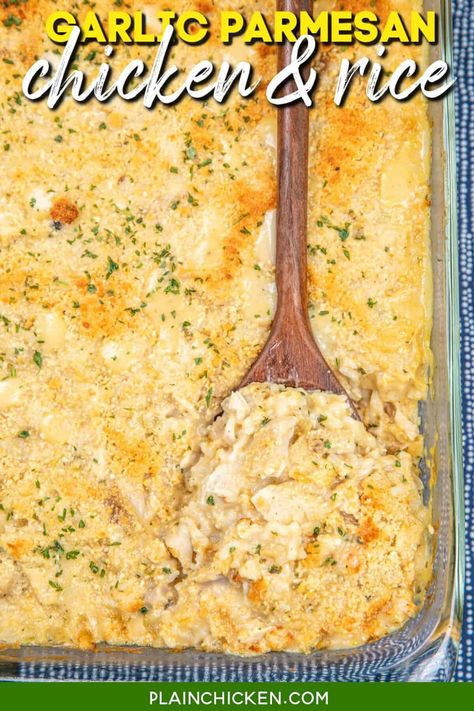 Garlic Parmesan Chicken & Rice Casserole Recipe - This easy-to-make dish features tender rotisserie chicken, rice, creamy soups, savory garlic and herb seasoning, chicken broth, milk, and a cheesy Parmesan topping. Perfect for a cozy family meal. It's ready in under an hour and sure to become a favorite. Parmesan Chicken And Rice Casserole, Main Dish With Rice, Garlic Parm Chicken And Rice, Chicken N Rice Recipes Simple, Rotisserie Chicken And Rice Recipes Easy, Rotisserie Chicken Mashed Potatoes, Chicken In Rice Casserole, Chicken Snd Rice Bake, Recipes For Cooked Chicken Leftovers