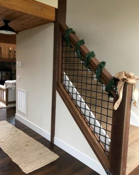 Mesh Railing, Wild Hog Railing, Indoor Stair Railing, Diy Stair Railing, Rustic Staircase, Outdoor Stair Railing, House Awnings, Rustic Stairs, Staircase Railing