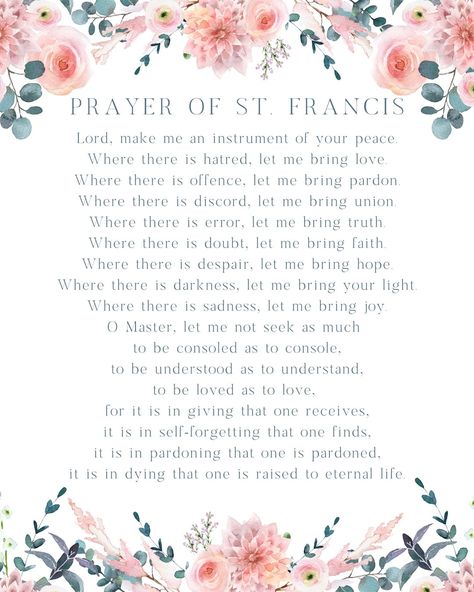 Prayer of St. Francis Peace Prayer Digital File Download - Etsy Australia Baby Bible Verses, Prayer Of St Francis, Peace Prayer, Childrens Prayer, Our Father Prayer, Catholic Wall Art, Printable Prayers, Verses About Love, Prayer For Peace