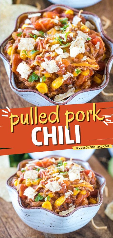 Pulled Pork Chili, Comfort food, summer dinner ideas, easy main dishes Backyard Bbq Appetizers, Pulled Pork Chili Recipe, Pork Chili Recipe, Shredded Pork Recipes, Pulled Pork Chili, Pulled Pork Leftover Recipes, Leftover Pulled Pork, Easy Pulled Pork, Bbq Appetizers