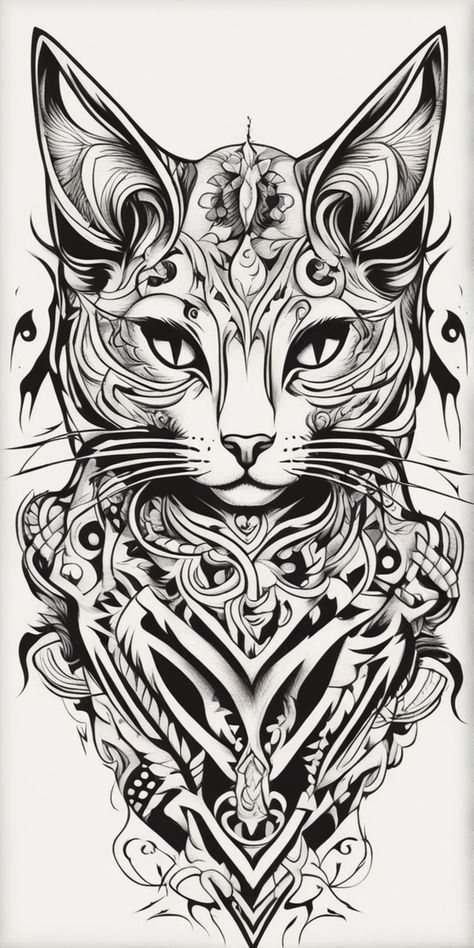 This image displays a tribal-style cat tattoo design, intricately crafted with black ink, showcased on a blank canvas. The monochrome nature of the form gives it a stark and edgy appeal. Cat Tattoo Design, Pyrography Patterns, Cat Tattoo Designs, Tiger Tattoo, Tattoo Stencils, Tattoo Idea, Cat Tattoo, Blank Canvas, Pyrography