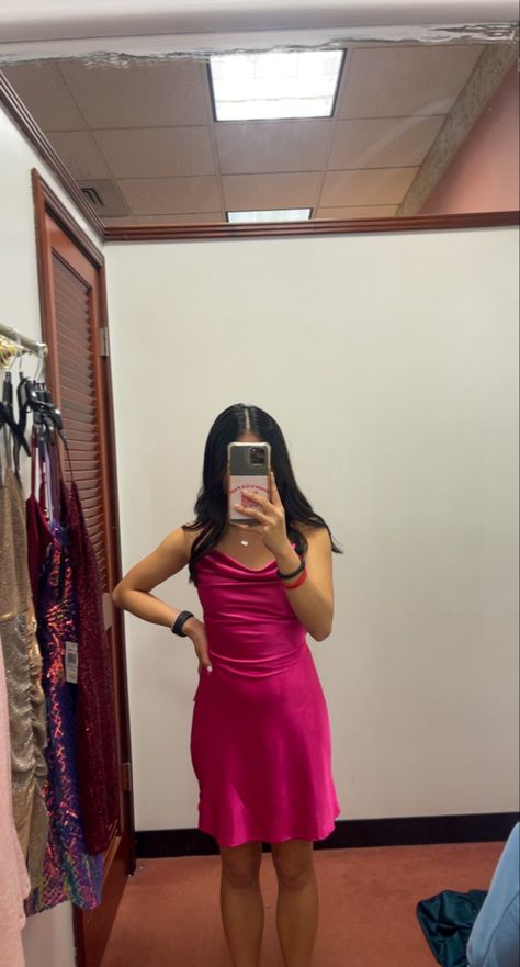 hot pink silk dress, homecoming dress #hotpinkdresses #dress #pinkdrink #homecoming Hot Pink Dama Dresses, Hot Pink Silk Dress Short, Hot Pink Silk Dress, Hot Pink Hoco Dress, Hot Pink Homecoming Dress, Pink Quince, Dance Aesthetic, Quinceanera Cakes, Silk Dress Short