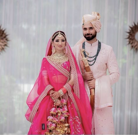 Groom Indian Wedding Outfits For Reception, Bride And Groom Indian Wedding Outfit, Groom Indian Wedding Outfits, Engagement Dress For Groom, Indian Groom Dress, Pink Bridal Lehenga, Indian Couples, 80k Followers, Sabyasachi Lehenga