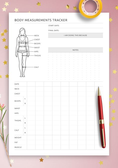 Body Measurement Tracker will help you find the right vector to improve your body. Control every parameter of your body, write down everything you need, and track your progress. Lead a healthy lifestyle and achieve your goals! Sections available in this template: Start Date / Final Date,; Neck, Chest, Biceps, Waist, Hips, Thighs, Calf,; I Am Doing This Because,; Notes,; Body Measurement Tracker,; Weight,; Fat,; Muscle,. Weight Progress Tracker, Body Tracker, Dream Journaling, Measurement Tracker, Body Measurement Tracker, Weight Tracker, Body Control, Magical Life, Body Measurement