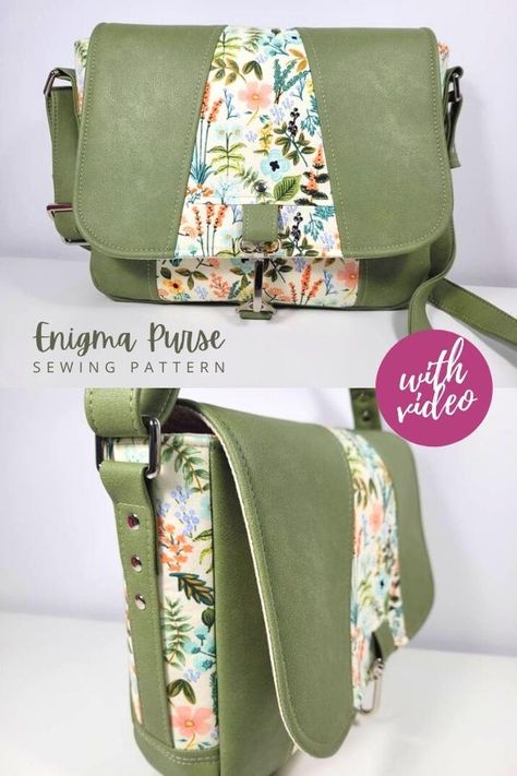 Enigma Purse sewing pattern (with video). Enigma is the best puzzle you will make as it comes together so nicely and you end up with an original and fabulous-looking bag. Underneath the flap, you have a roomy slip pocket for all your handy dandy small items. Inside, the puzzle continues with a super-easy zipper pocket and slip pocket. Easy purse sewing pattern. SewModernBags Small Fabric Purse Patterns, Free Pattern Cross Body Bag, Book Bag Patterns To Sew, Make A Leather Bag, Home Made Hand Bags Purses, Purse Pattern Free Sewing, Small Purse Sewing Pattern, Handbag Sewing Patterns Free, Free Purse Sewing Patterns