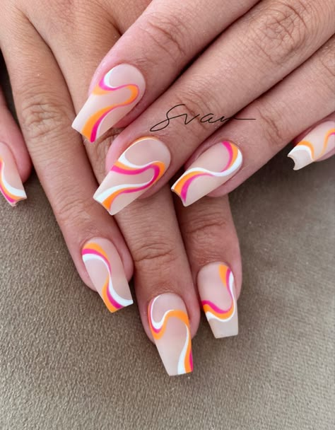 Neon Swirls Nails, Neon Pink Abstract Nails, Orange French Tip Swirl Nails, Red And Orange Swirl Nails, Nail Art Designs Pink And Orange, Orange Nail Swirls, Orange And Yellow Swirl Nails, Abstract Swirl Nail Art, Nails With Waves Lines