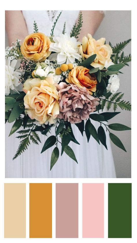 Dusty Rose And Mustard Wedding, Mustard Theme Wedding, Mustard Wedding Palette, Sage Pink Yellow Wedding, Mustard And Blush Wedding, Pink And Yellow Fall Wedding, Marigold Wedding Palette, Wedding Mustard Yellow, Mustard Yellow Color Pallete