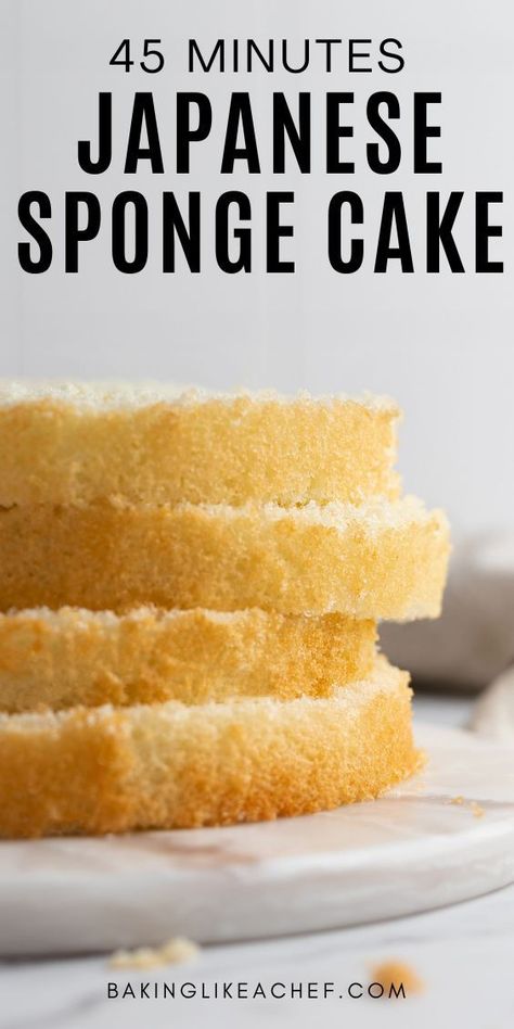 Four layers of Japanese sponge cake on a marble board. Japanese Sponge Cake Recipe, Soft Sponge Cake Recipe, Japanese Sponge Cake, Easy Sponge Cake Recipe, Japanese Pastries, Soft Cake, Japanese Cake, Quick Cake, Vanilla Sponge Cake