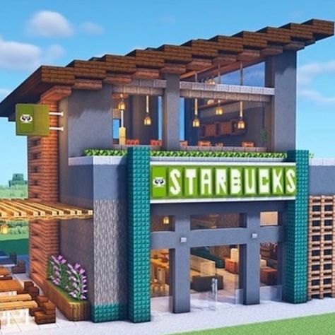 Minecraft Starbucks, Minecraft Restaurant, Minecraft Stores, Disney Minecraft, Minecraft Modern City, Minecraft Shops, Minecraft City Buildings, Rumah Minecraft Sederhana, Minecraft Structures