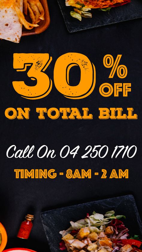 Dear All,   We are happy to announce 30% off on total bill. Grab the offer, its for limited time.  We have revised out timings these days. Our Revised Timings are: Sat - Wed : 8 AM - 2AM Thu - Fri : 8 AM - 3AM  #offer #dubai #dubaifood #dubaifoodlover #crepe #burger #lebanese #restaurant #discount #deal Limited Time Offer Poster, Restaurant Offers Posters, Lebanese Restaurant, Dubai Food, Social Media Branding Design, Media Branding, Restaurant Offers, Social Media Branding, Limited Time Offer