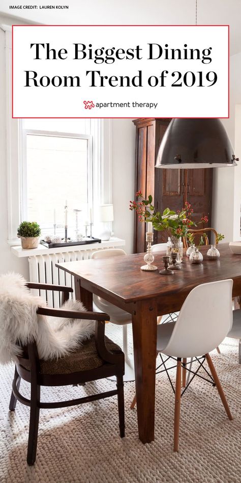 Matching dining room sets are overrated. . To show you just what we mean, we've rounded up some of the coolest dining rooms with mismatched furniture from our house tours, and we think they'll prove our point. Here are seven spaces that will make you rethink your coordinating dining set. #diningrooms #diningroomtrends #diningroomideas #designtrends #2020designtrends Mismatched Dining Room, Dining Room Boho, Scandi Dining Room, Dining Room Trends, Farmhouse Dining Room Ideas, Mismatched Furniture, Industrial Style Table, Scandinavian Dining Room, Mismatched Chairs