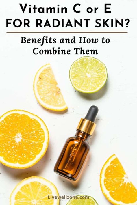 Curious about vitamin c serum vs vitamin e serums? Use this guide to learn about the benefits of vitamins C and E for skin and why they work best for together in your skin care routine. Vitamin E Oil Uses Skin Care, Vitamin E Serum, Vitamin C Oil, Vitamin A Serum, Benefits Of Vitamin E, Serum Benefits, Serum For Dry Skin, Brightening Skincare, Vitamin C Powder