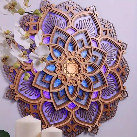 stained glass lotus - Temu Sala Yoga, Lotus Mandala, Yoga Room, Lighting Guide, Patio Lighting, Meditation Room, Led Wall Lights, Kitchen Wall Decor, Night Lamps