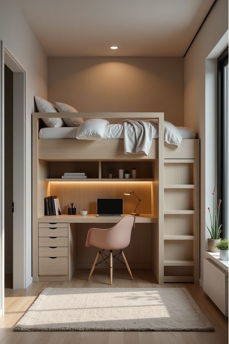 Contemporary bedroom featuring loft bed with office space underneath Bedroom With Desk Layout Ideas, Cozy Bed Frames, Bedroom With Desk, Office Bedroom Combo, Lift Up Bed, Chic Bedside Table, Bedroom Office Combo, Bedroom Workspace, A Loft Bed