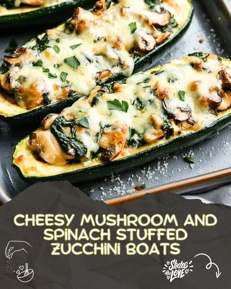 Luscious Recipes | Cheesy Mushroom and Spinach Stuffed Zucchini Boats | Facebook Mushroom Stuffed Zucchini Boats, Spinach Mushroom And Ricotta Stuffed Zucchini Boats, Spinach Mushroom Ricotta Zucchini Boats, Mushroom Zucchini Recipe, Luscious Recipes, Zucchini Boat Recipes, Mushrooms And Spinach, Stuffed Zucchini Boats, Spinach Mushroom