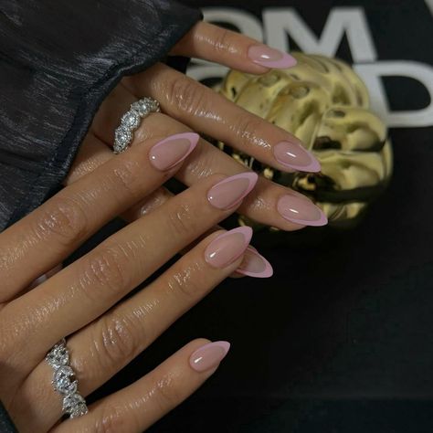 French Tip Glossy Nails, Almond Nails Translucent, Medium Length Manicure, Almond French Gel Nails, Champagne Colored Nails For Wedding, Diamond Studded Nails, Bridal Nails Short Almond, Bridal Nails Initials, Soft Life Nails