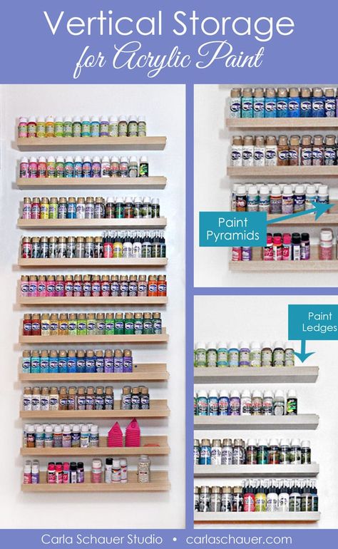 Great for small craft spaces! Vertical Acrylic Paint Storage Shelves Using Ikea Ledges. | Carla Schauer Studio #paint #storage #craftroom #organization #ikea #shelves #acrylicpaint Paint Shelf Ideas, Craft Paint Storage Diy, Acrylic Paint Storage Ideas, Paint Storage Ideas, Paint Shelves, Kids Art Storage, Craft Storage Ideas For Small Spaces, Acrylic Paint Storage, Paint Holder