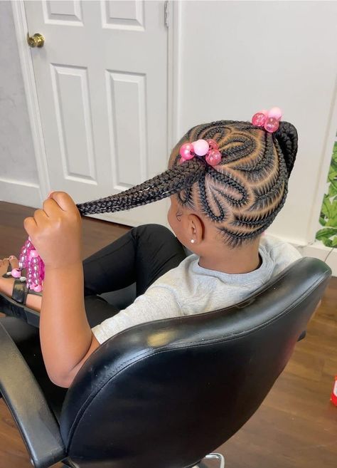 Beaded Ponytail Hairstyles, Cute Little Baby Girl Hairstyles Black Braids, Heart Hairstyle For Kids Easy Black, Valentines Day Braids For Kids, Valentines Hairstyles For Kids Black, Cornrow Ponytail Hairstyles For Kids, Toddler Feed In Braids, Stitch Braids For Kids, Braided Pigtails Black Kids