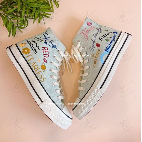 Personalize Taylor Swift Shoes, Swifties Converse Chuck 1970 High Top, - QT Embroidery Taylor Swift Converse Shoes, Taylor Swift Converse, Taylor Swift Shoes, Embroidered Products, Swift Party, Embroidered Converse, Taylor Swift Party, Custom Converse, All Stars Converse