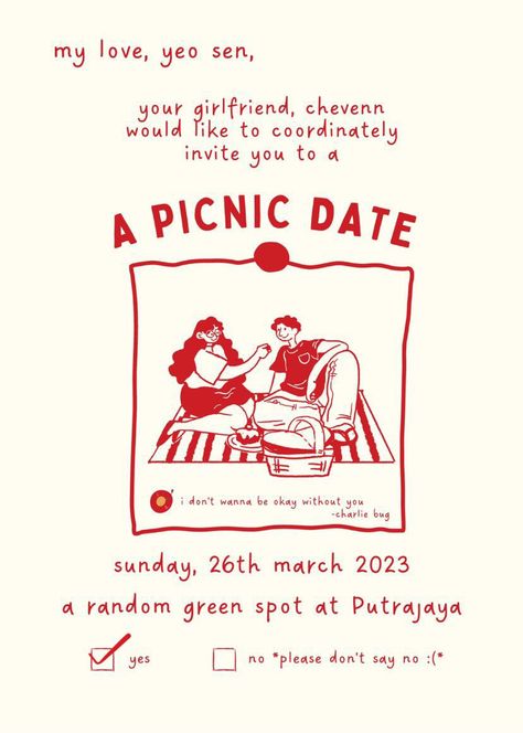 Date Invitation Boyfriend Cute Ideas, Date Invitation Boyfriend, Date Night Invitation, Picnic Branding, Canva Project, Picnic Invitations, Illustrated Invitations, Date Invitation, Picnic Date